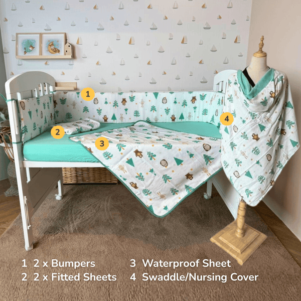 [Jarrons & Co] Happy Cot Bedding Set - Green Forest/ Dreamy Pink (6PCS)